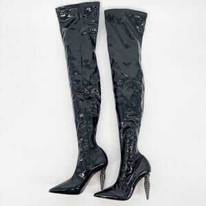 NWOB Christian Louboutin Lipstrass Black Patent Leather Thigh High Boots EU 38.5